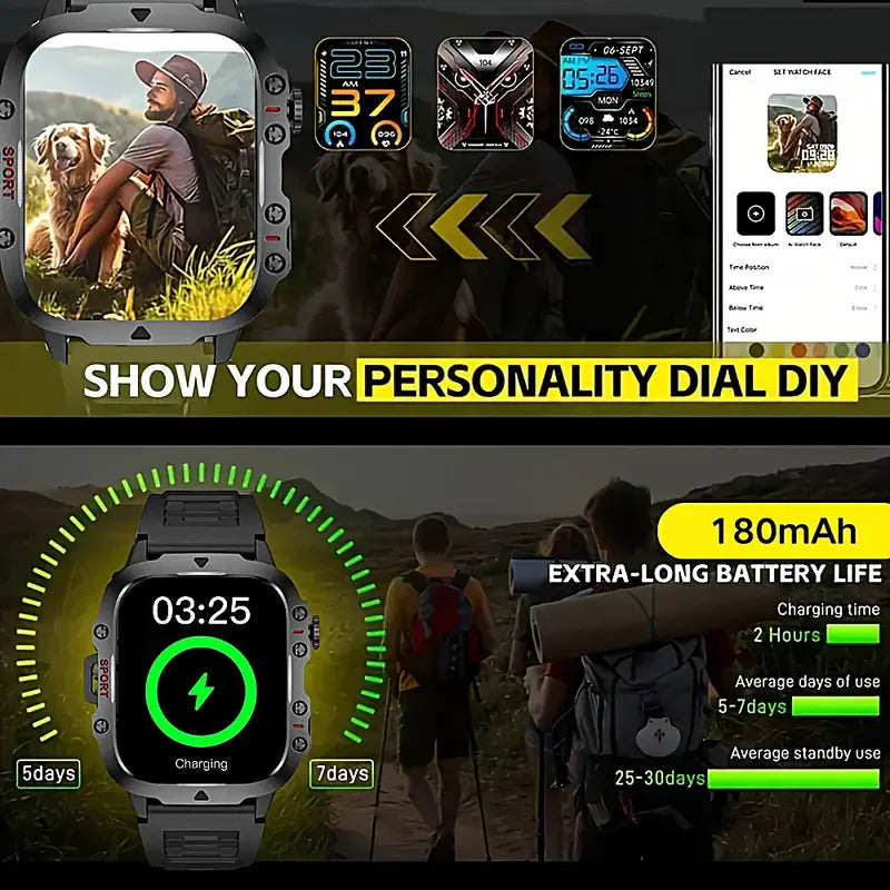 Tactical GPS Smartwatch with Bluetooth Calling, LED Flashlight & Fitness Tracker for Men