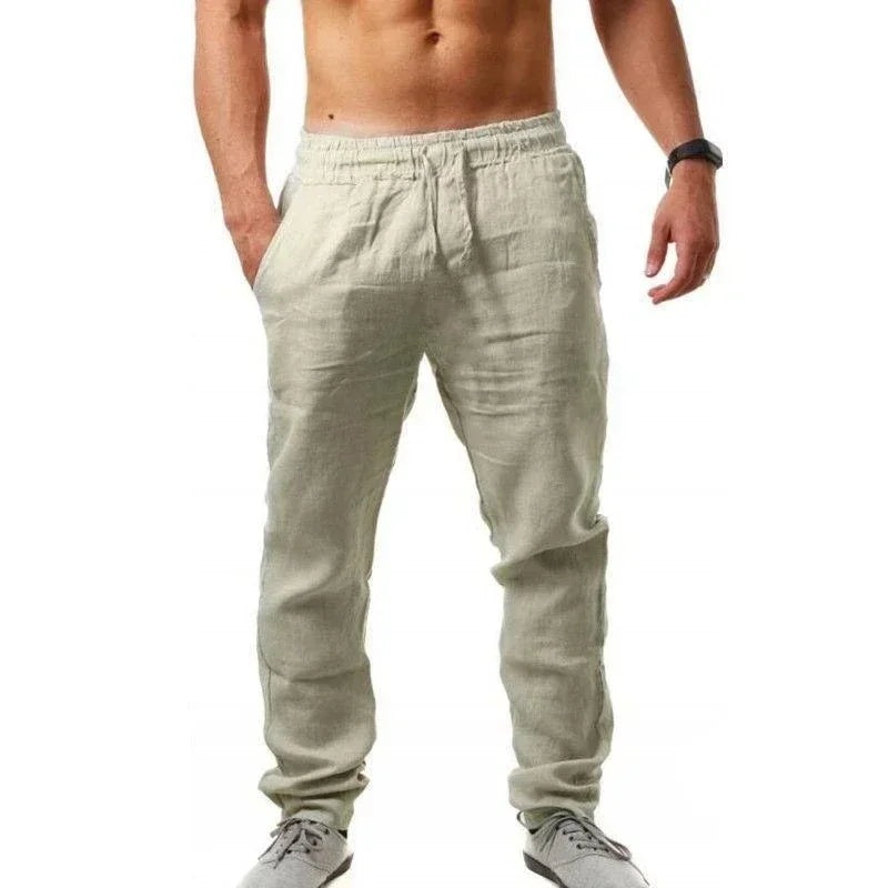 Men's Cotton Linen Casual Pants Elastic Waist Straight Leg Joggers (Plus Size)