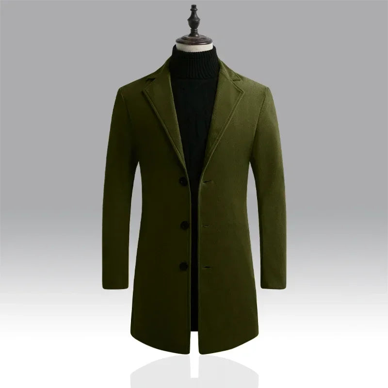 Men's Slim Fit Long Wool Blend Coat 2025 Autumn Winter Business Casual Overcoat