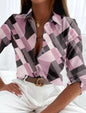 Vintage Geometric Print Blouse for Women with Lapel Neck and Long Sleeves