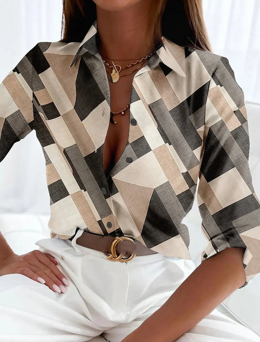 Vintage Geometric Print Blouse for Women with Lapel Neck and Long Sleeves
