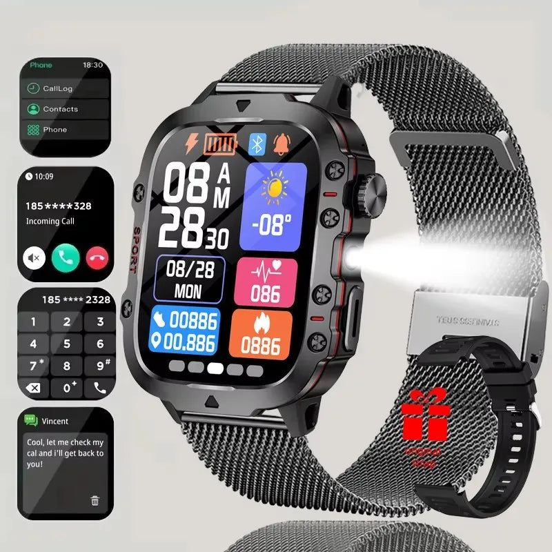 Tactical GPS Smartwatch with Bluetooth Calling, LED Flashlight & Fitness Tracker for Men