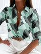 Vintage Geometric Print Blouse for Women with Lapel Neck and Long Sleeves