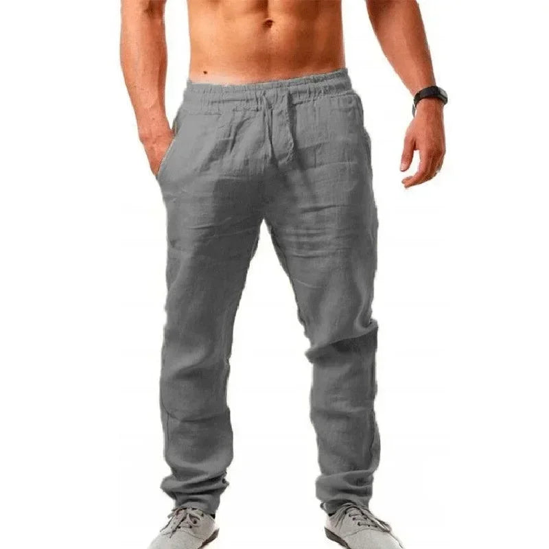 Men's Cotton Linen Casual Pants Elastic Waist Straight Leg Joggers (Plus Size)