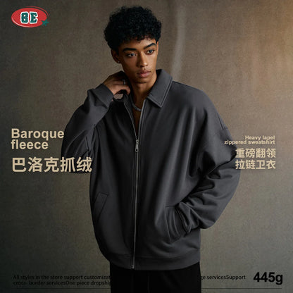 Men's Vintage Workwear Jacket 2025 Old Money Style Turn Down Collar Sweatshirt