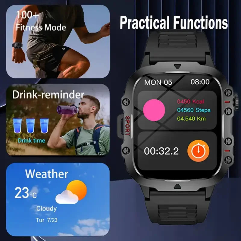 Tactical GPS Smartwatch with Bluetooth Calling, LED Flashlight & Fitness Tracker for Men