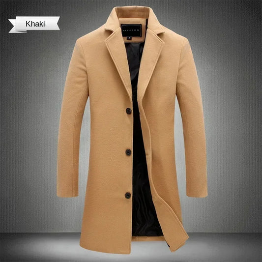 Men's Slim Fit Long Wool Blend Coat 2025 Autumn Winter Business Casual Overcoat