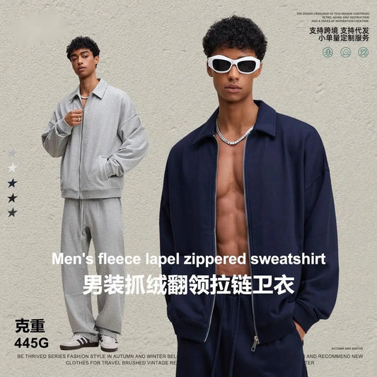 Men's Vintage Workwear Jacket 2025 Old Money Style Turn Down Collar Sweatshirt