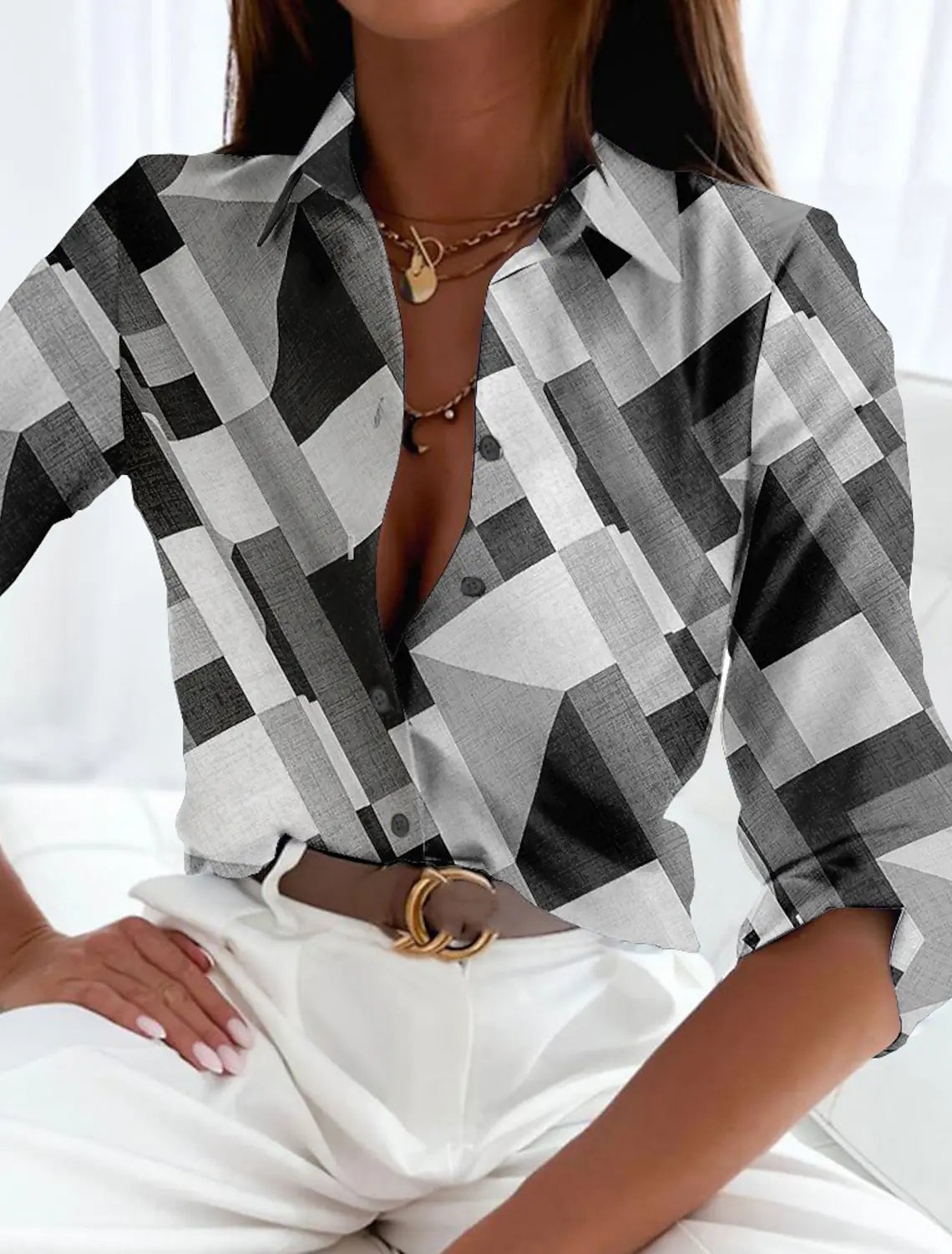Vintage Geometric Print Blouse for Women with Lapel Neck and Long Sleeves