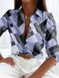 Vintage Geometric Print Blouse for Women with Lapel Neck and Long Sleeves